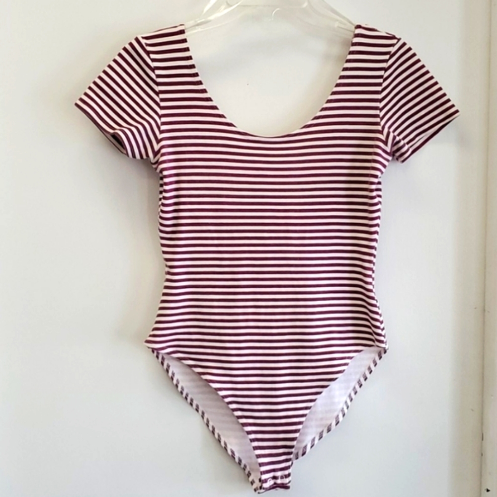 Plum/white horizontal striped vintage bodysuit